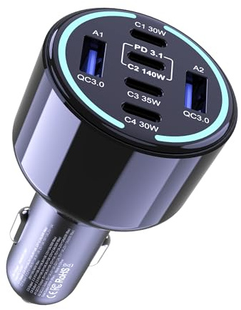 CHIPOFY 300W USB C Car Charger, 6 Ports (4 USB C + 2 USB A) - PD3.1 140W PPS 45W QC 60W Super Fast Charging Car Adapter for MacBook Laptop, iPhone 17 16 Pro Max, iPad, Galaxy S25/S24 Ultra etc