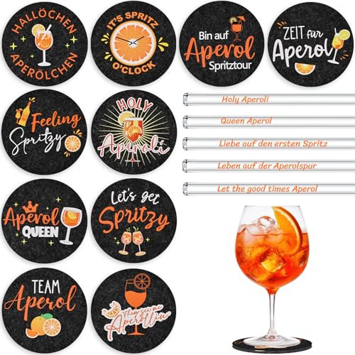 Joycabin 15 Stück Aperol Untersetzer Filz und Glasstrohhalme Aperol Spritz Geschenk, Wiederverwendbar Glas Strohhalm Rund Untersetzer Aperol Deko für Aperol Liebhaber, Sommer Tischdeko (Schwarz)
