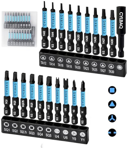 CYLBAQ Square Screwdriver Bits Triangle Screwdriver Bits and Tri-Wing U-Shape Screwdriver Bit Set, S2 Steel 1/4” Hex Shank 50mm Magnetic Security Screwdriver Bit Sets with 60mm Bit Extension Holder