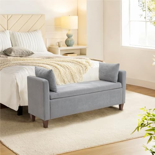 Moderne gepolsterte Sitzbank mit Stauraum für Schlafzimmer, 140 cm, Kingsize-Bett, Endbank, langer Ottomane mit Armlehnen und 2 Kissen, stilvolle graue Eingangs-/Wohnzimmermöbel