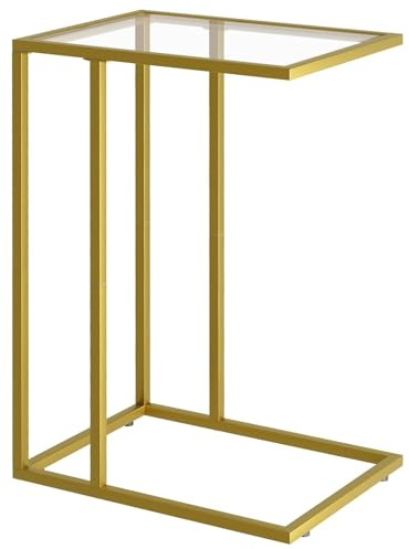 QOPIGFBN C-Shaped End Table, Side Table for Couch,Sofa Snack Table with Tempered Glass & Metal Frame,Small TV Tray Table for Small Space,Living Room, Bedroom, Bedside,Modern Style, Gold
