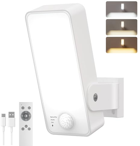 Außenlampe mit Bewegungsmelder, 12000mAh Akku Aussenlampe mit Bewegungsmelder, Fernbedienung, 3 Modi, 3 Lichtfarben, IP65 Wasserdichte Außenleuchte für Veranda, Garage, Terrasse, Hof, Haustüren