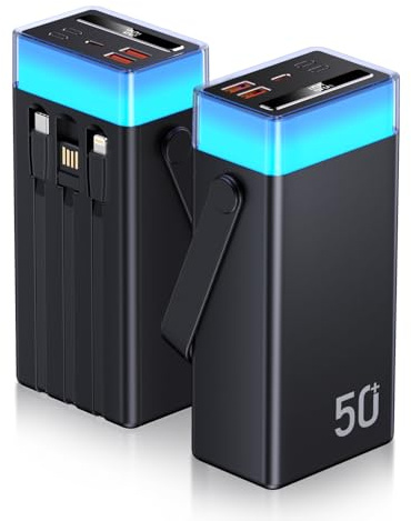 CUZAR Powerbank 50000mAh, 22,5W PD USB-C Schnellladegerät, Externer Akku mit Kabel, Power Bank 5 Ausgängen und 2 Eingängen, kompatibel mit iPhone, Tablets, iPad, Samsung