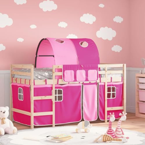 JHQHSM Hochbett mit Tunnel und Vorhang in Rosa 90x200 cm aus Massivholz Kiefer für Kinderzimmer, 4-seitiger Rausfallschutz und praktische Leiter, Raumsparendes Einzelbett