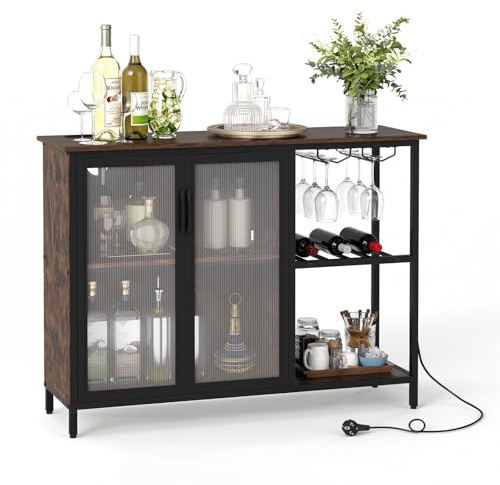 COSTWAY Mobiletto Bar per Vino con Prese di Corrente e Luci LED, Mobile Bar da Terra per Caffè con Portabottiglie e Portabicchieri, Credenza Buffet per Liquori per Cucina, Sala da Pranzo e Soggiorno