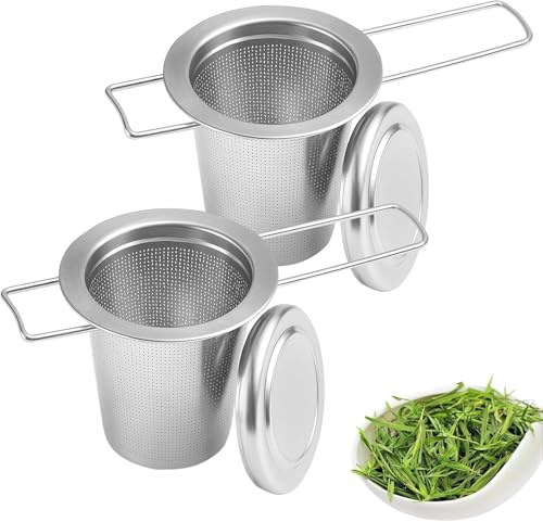 KAIYAYA 2 Stück Teefilter für losen Tee, Edelstahl Teesieb mit klappbaren Griffen & Deckel – Teefilter für Tassen, Becher & Teekannen, Praktisches Tee Zubehör