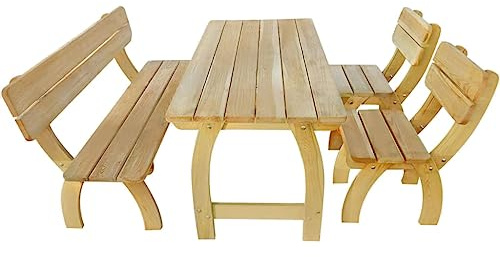 HFXHIJXQ Gartenmöbel Set 4 teilig Kiefernholz imprägniert 150 x 60 x 86 cm rustikales Balkonmöbel Essgruppe wetterfest Tisch Bank 2 Stühle für Balkon Terrasse Garten