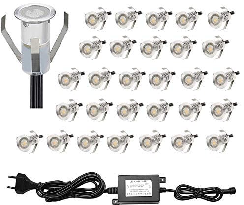 CHNXU 30er Set Mini Treppen Einbaustrahler Ø18mm Terrasse Bodeneinbaustrahler LED Bodenstrahler 0.4W IP67 Wasserdicht Aussen und Innen Boden Lampe mit 12V Netzteil für Garten Küche Gehweg, Warmes Weiß