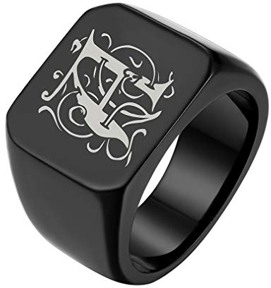FaithHeart Schwarz herren Siegelring Quadrat Bandring mit Buchstabe Gravur für Freunden Papa Ehemann