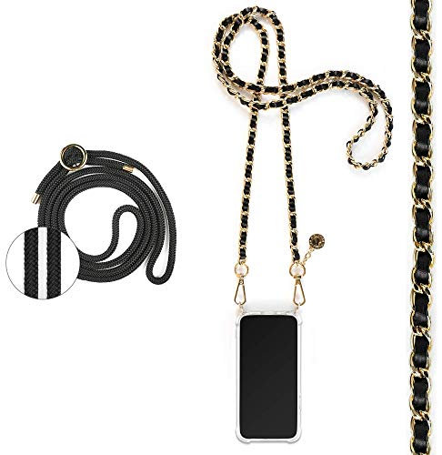 Jalouza Handykette, Kordel & Hülle Bundle kompatibel mit iPhone 12 & 12 Pro - Metallkette in Schwarz-Gold und Kordel in Farbe Schwarz-Gold Plus Handyhülle zum umhängen
