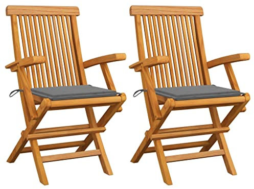 vidaXL 2X Teak Massiv Gartenstuhl mit Grauen Kissen Armlehnen Gartenstühle Klappstuhl Klappstühle Holzstuhl Gartenmöbel Stuhl Stühle