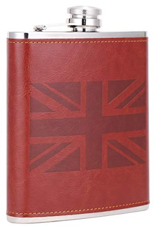British Flag UK 18 oz Red-Brown Stainless Steel Whiskey Flasks for Liquor with Leather Wrapped, TANEAXON