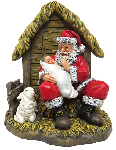 Adoring Santa Claus hält Baby Jesus in einer Krippe, religiöse Weihnachtsstatue für Zuhause, Tischdekoration, 16,5 cm