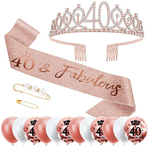 40. Geburtstag Deko: Schärpe und Tiara mit 12 Rosegold Luftballons und Konfetti für Frauen zum Geburtstag
