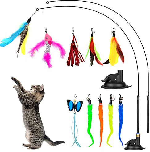MEYDLL Katzenspielzeug mit Federn, 14 Stück Interaktives Katzen Spielzeug, 2 Versenkbare Katzenstäbe, 2 Saugnäpfe, 10 Katzenangel Ersatzfedern mit Anhänger Feder Glocke Befestigungen