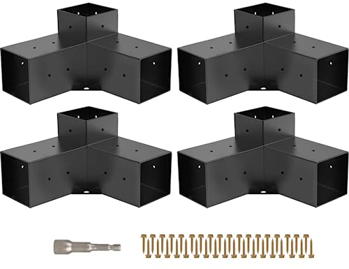 Grehitk Kit de pergola, lot de 4 supports de pergola à 3 voies à angle droit, kit de base de poteau à faire soi-même, poutres en bois pour tonnelles, pergolas de terrasse, cabane en rondins, pergola