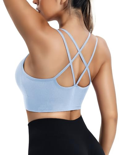 ZAAYO Damen Sport BH mit Gepolstert Nahtlose Bra Cross Back Design Push up BH Sport Bra Top Fitness Lauf Joggen Yoga Himmelblau M