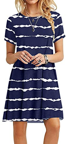 MOLERANI Beach Dresses for Women UK Casual T-Shirt Dress Short Sleeve Ladies Beach Dress (XL, Navy Wavy Striped)