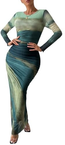 MARZXIN Womens Long Sleeve Maxi Bodycon Ruched Natural Slim Fit Tie Dye Dress, Cocktail Dress, Mesh, A-color156, XL
