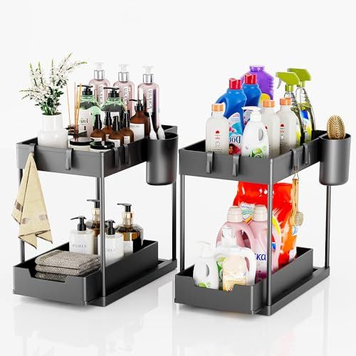 Organizador Cocina 2 Niveles para Debajo del Fregadero, Almacenamiento Debajo del Fregadero, 2 Niveles Organizador Extraíble Estante con 4 Ganchos y 2 Cesta, Organización Multiusos para Cocina y baño