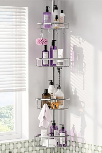 Corner Shower Caddy Tension Pole 4-Tier 47-121 Adjustable Stainless Steel | Tool-free install fits 47-121 inch ceilings: 4-tier rustproof stainless steel shower shelf with 4 baskets for shampoo- Silver