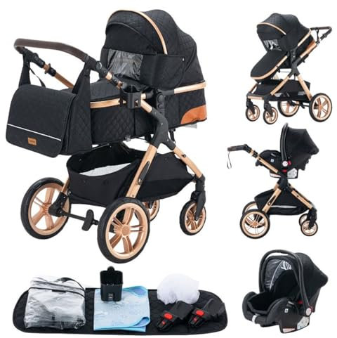GLOKID Kinderwagen 3 in 1,Reisesysteme, Buggy mit Umkehrbarem Zwei-Wege-Schub,Babywanne Buggy&Sportsitz,Voll-Gummireifen,Mit Einem Klick Zusammenklappbarer,Zubehör,Tragbarer (LQL XX1 Schwarz)