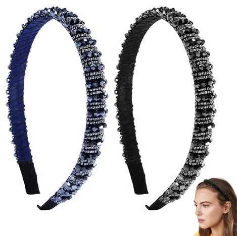 DHWEKU 2 Pièces Serre-Tête Perles avec Strass, Serre Tête Femme Scintillantes Bandeau Épais Rembourré pour Cheveux de Festival Femmes Filles-Noir et bleu marine