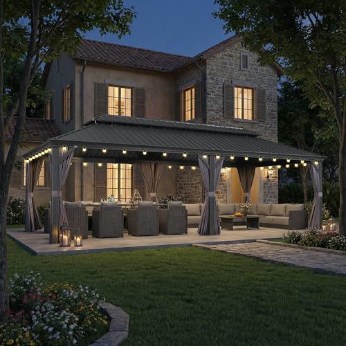 PURPLE LEAF Gartenpavillon 4.25 x 8.5 m LED Licht Seitenteilen, Grau | LED-Licht, Entwässerungssystem, Verbreiterte Alu-Säule, Rostfreies Stahldach, Abnehmbare Seitenwände, für Gastronomiebranche