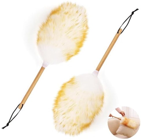 WQEDVN 2PCS Feather Dusters for Cleaning, Duster on a Stick, Lambswool Dusters, Washable, Bamboo Wood Handle, White, For Office Home Window Blinds Computer Screens Bookshelves