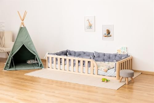 Mandrele - Montessori Bett, Bodenbett mit Lattenrost, Rausfallschutz Bett, Kinderbett, Holzbett mit Bettgestell für Jungen und Mädchen, 160x90cm, Natur Holz