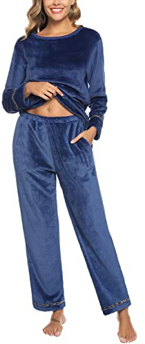 Nieery Pigiama Donna Invernale in Pile Flanella Pigiami Lungo Caldo Morbido e Confortevole Blu Navy M