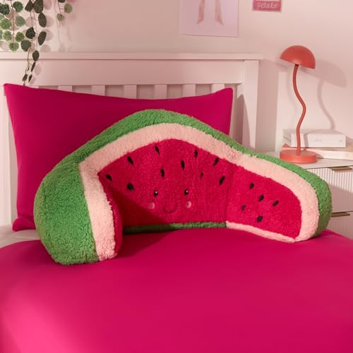 OHS Watermelon Cuddle Cushion for Kids, Reading Pillow for Bed Adult Supportive Soft Cosy Teddy Fleece Gaming Bed Cushions with Arms Hug Pillow Relaxing At Home, Green/Pink - 45 x 40 x 30cm