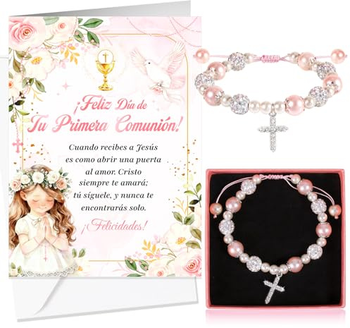 HOWAF Tarjeta Comunión Niña, Tarjeta Felicitación Primera Comunión & Pulsera Cruz de Perlas Rosa para Regalos Comunion Niña, Regalos de Comunion