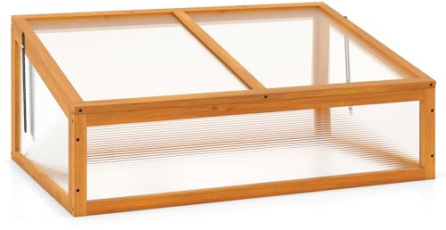 GYMAX Serra da Giardino in Legno, 94 x 63 x 40 cm, Fioriera per Coltivazione Piante con Pannelli Trasparenti, Coperchio Ribaltabile, Protezione Invernale Interna ed Esterna per Balcone (Arancione)