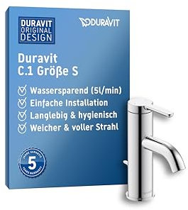 Duravit C.1 Waschtischarmatur, Größe S (Auslauf Höhe 66 mm), Wasserhahn Bad mit Zugstangen-Ablaufgarnitur, Waschbecken Armatur mit Keramikkartusche, Chrom