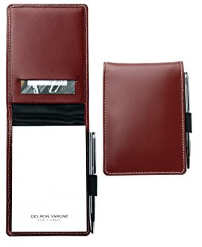 DELMON VARONE - Personalisierbares Notizblock Etui DIN A7 Cambridge Top Grain Leder rot - Reporterblock Lederetui 1 x Mini-Kugelschreiber & 2 x Blanko Block (ohne Linien) Notiz-Block mit Stiftschlaufe