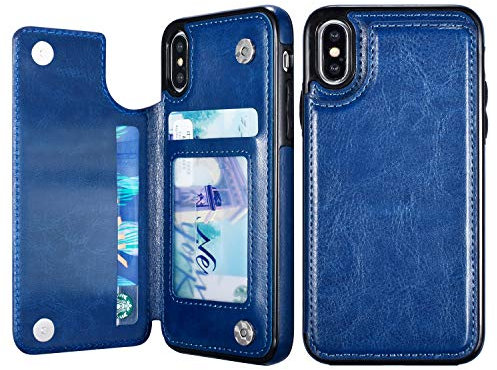 UEEBAI Case for iPhone XS Max, Luxury PU Leather Case with [Two Magnetic Clasp] [Card Slots] Stand Function Durable Shockproof Soft TPU Case Back Wallet Cover for iPhone XS Max - Blue
