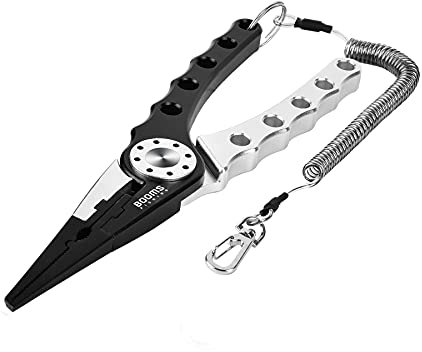 Booms Fishing X1 Fishing Pliers Aluminum, Surf Fishing Saltwater, with Coiled Lanyard and Sheath, Black