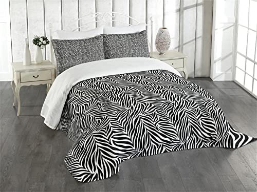 ABAKUHAUS Zebra-Druck Tagesdecke Set, Monochrome Stil Exotische, Set mit Kissenbezügen Waschbar, für Doppelbetten 220 x 220 cm, Schwarz-Weiß