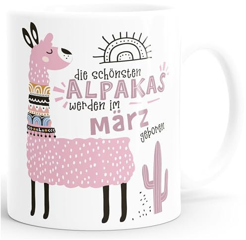 SpecialMe® Kaffee-Tasse Die Schönsten Alpakas werden im Januar-Dezember geboren anpassbares Motiv Geburtsmonat individuelle Geburtstags-Geschenke Lama März Rosa weiß Keramik-Tasse