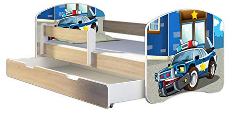 Kinderbett Jugendbett mit einer Schublade und Matratze Sonoma mit Rausfallschutz Lattenrost ACMA II 140x70 160x80 180x80 (38 Polizei, 180x80 + Bettkasten)