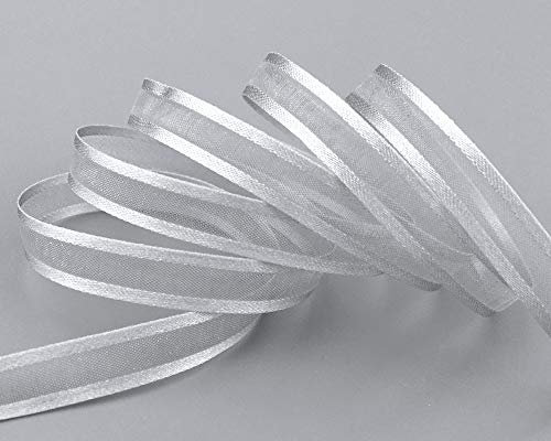 finemark 50 m x 10 mm Chiffonband mit Satin Kante GRAU Silber (05) Chiffon Dekoband Schleifenband Geschenkband Halbtransparent Glänzend ohne Draht Organza