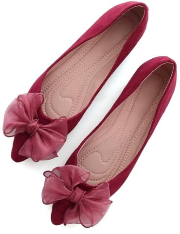 SAILING LU Bowknot Ballet Flats Womens Pointy Toe Flat Shoes Suede Dress Shoes Wear to Work Slip On Moccasins, C-burgundy-8164, 8 UK