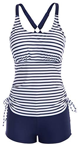 Womens Casual Beach Bandeau Strappy Swimsuit Racerback Push Up Padded Stripe Bathing Suit Tankini Swim Tank Top Stripe Navy 2XL