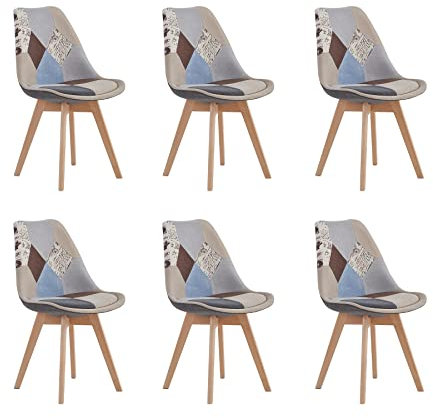 BenyLed Lot de 6 Chaises Scandinaves en Tissu de Lin avec Bois Massif Pieds (Gris)