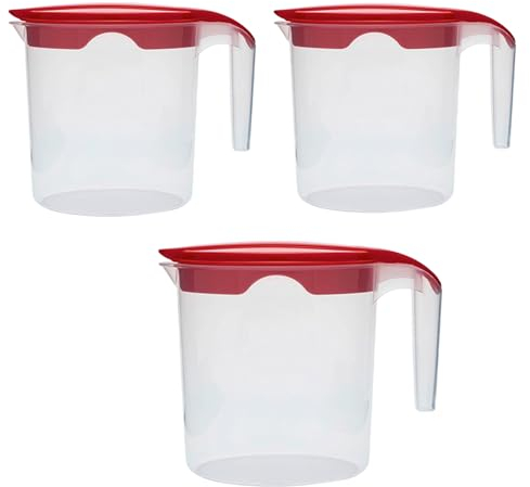 1 Litre Plastic Jug with Lid for Milk Water Juice & More (Red, 3)