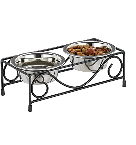 Relaxdays Hunde-Napfset mit Halterung, Napfständer Hunde & Katzen, 2 Edelstahlnäpfe je 300 ml, Futterbar, schwarz/Silber