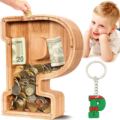 Summidate Spardose für Kinder Junge, Personalisiert Holz Großes Sparschwein, Unzerbrechliches Buchstabe A-Z Sparbüchse für Kinder Mädchen, Erwachsene, Geschenk&Dekoration