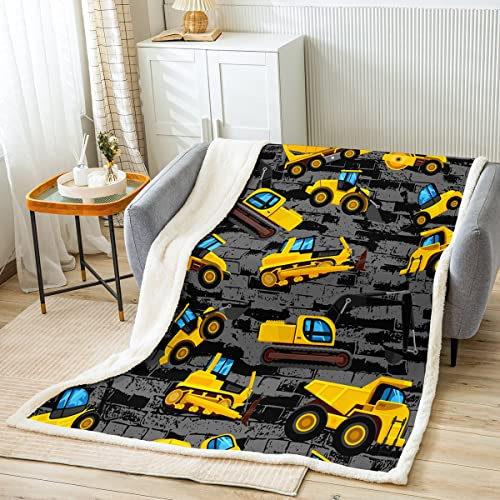 Homewish Cartoon Bagger Überwurfdecke für Kinder Jungen Mädchen Beton Traktor Bettdecke Beton LKW BAU Plüschdecke Cartoon Fahrzeug Flauschige Decke, 130 x 150