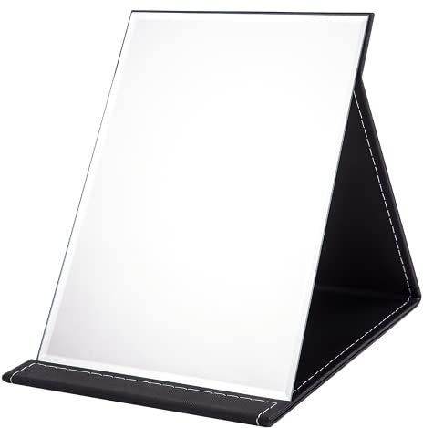 OWLKELA 21x15cm Portable Folding Mirror, Super HD Compact Makeup, Black PU Leather Travel, Free Standing Vanity, Tabletop Foldable